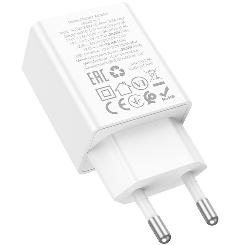 Мережевий зарядний пристрій Hoco N71 Nuevo PD 30W + QC 3.0 (1×USB-A / 1×USB-C)