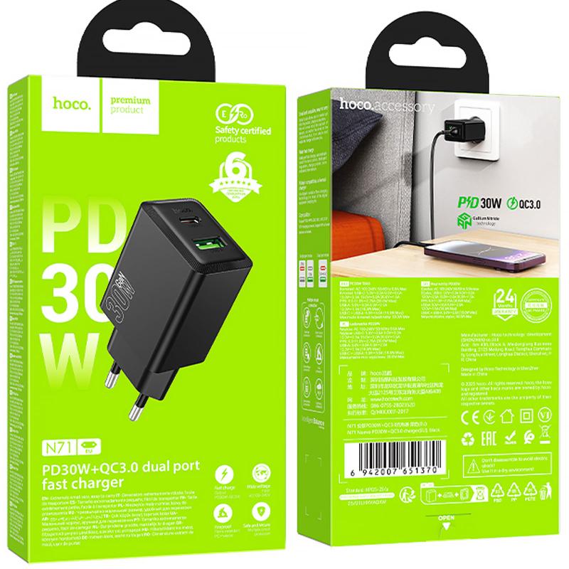 Мережевий зарядний пристрій Hoco N71 Nuevo PD 30W + QC 3.0 (1×USB-A / 1×USB-C)