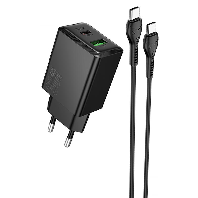 Мережевий зарядний пристрій Hoco N71 Nuevo PD 30W + QC 3.0 (1×USB-A / 1×USB-C) + кабель USB-C → USB-C Black