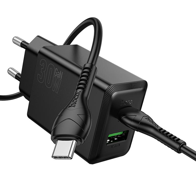 Мережевий зарядний пристрій Hoco N71 Nuevo PD 30W + QC 3.0 (1×USB-A / 1×USB-C) + кабель USB-C → USB-C Black