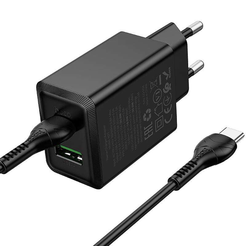 Мережевий зарядний пристрій Hoco N71 Nuevo PD 30W + QC 3.0 (1×USB-A / 1×USB-C) + кабель USB-C → USB-C Black
