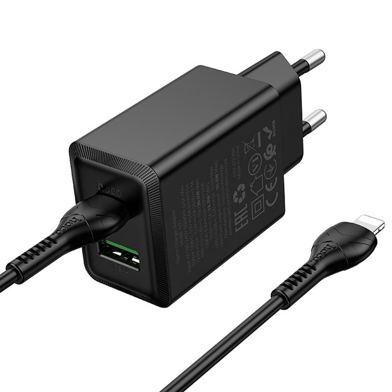 Мережевий зарядний пристрій Hoco N71 Nuevo PD 30W + QC 3.0 (1×USB-A / 1×USB-C) + кабель USB-C → Lightning