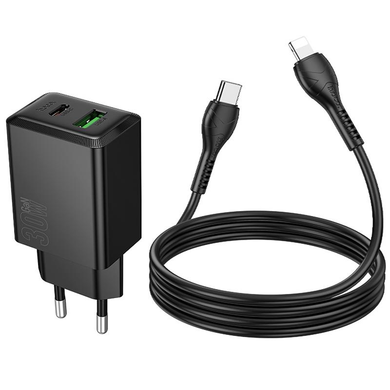 Мережевий зарядний пристрій Hoco N71 Nuevo PD 30W + QC 3.0 (1×USB-A / 1×USB-C) + кабель USB-C → Lightning