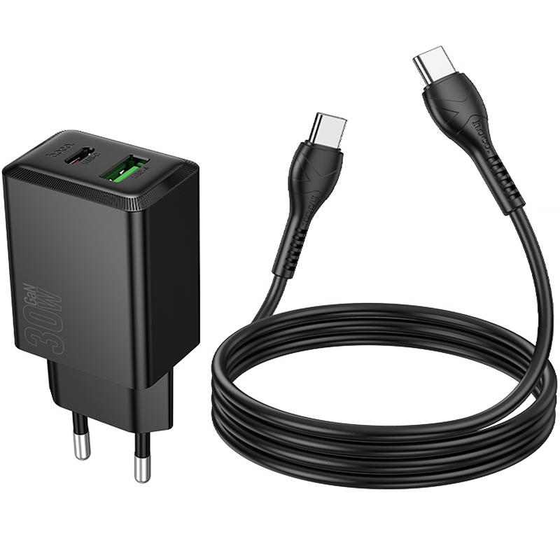 Мережевий зарядний пристрій Hoco N71 Nuevo PD 30W + QC 3.0 (1×USB-A / 1×USB-C) + кабель USB-C → USB-C Black
