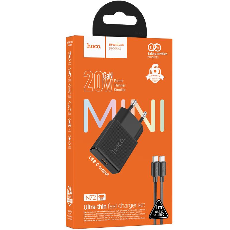 Мережевий зарядний пристрій Hoco N72 Speed ultra-thin PD 20W (1×USB-C) + кабель USB-C → USB-C