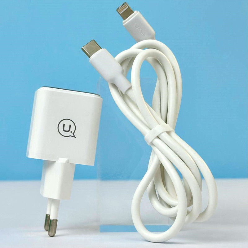 Мережевий зарядний пристрій Usams US-CC186 PD 30W (1×USB-C) + кабель USB-C → Lightning White
