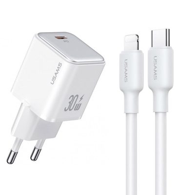 Мережевий зарядний пристрій Usams US-CC186 PD 30W (1×USB-C) + кабель USB-C → Lightning White
