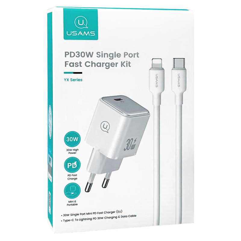 Мережевий зарядний пристрій Usams US-CC186 PD 30W (1×USB-C) + кабель USB-C → Lightning White