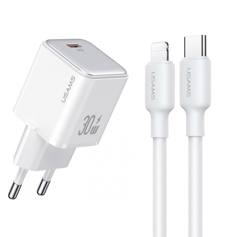 Мережевий зарядний пристрій Usams US-CC186 PD 30W (1×USB-C) + кабель USB-C → Lightning White