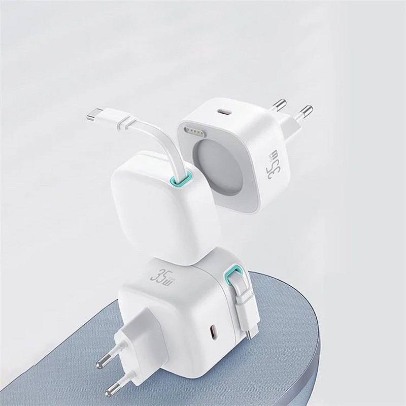 Мережевий зарядний пристрій Usams US-CC202 GaN With USB-C Magnetic Retractable Cable Module XMF Ser. 35W (2×USB-C)