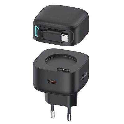 Мережевий зарядний пристрій Usams US-CC202 GaN With USB-C Magnetic Retractable Cable Module XMF Ser. 35W (2×USB-C)