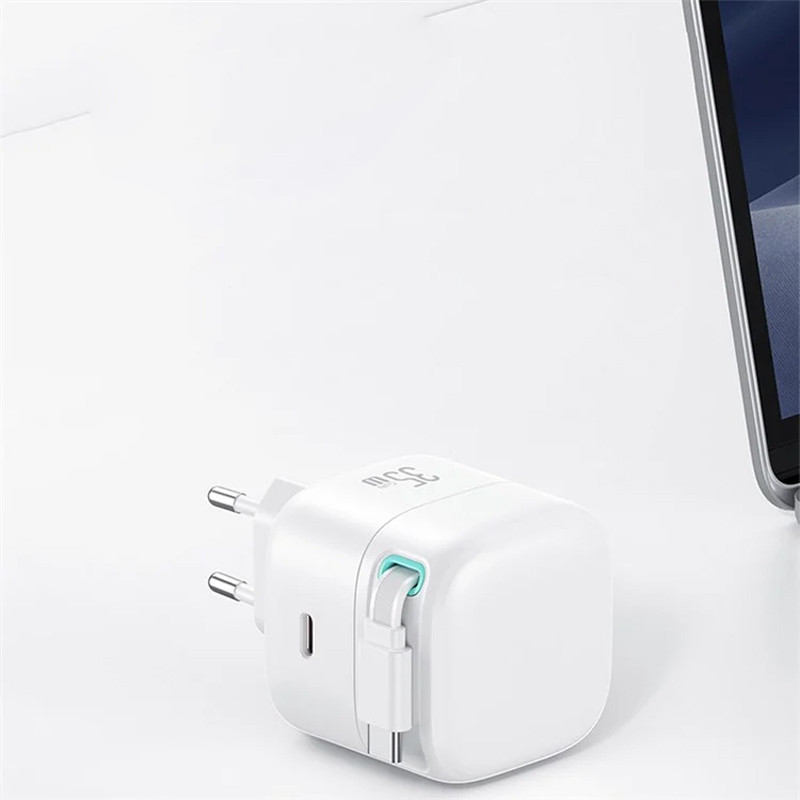 Мережевий зарядний пристрій Usams US-CC202 GaN With USB-C Magnetic Retractable Cable Module XMF Ser. 35W (2×USB-C)