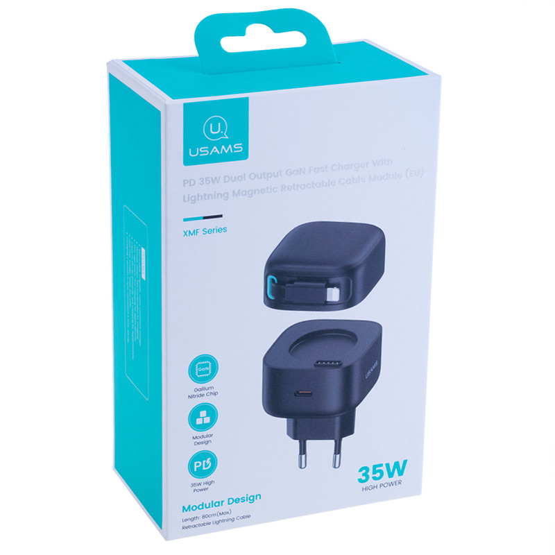 Мережевий зарядний пристрій Usams US-CC209 GaN With Lightning Magnetic Retractable Cable Module XMF Ser. 35W (2×USB-C) Black