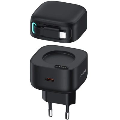 Мережевий зарядний пристрій Usams US-CC209 GaN With Lightning Magnetic Retractable Cable Module XMF Ser. 35W (2×USB-C) Black