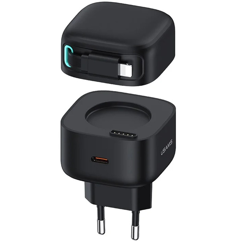 Мережевий зарядний пристрій Usams US-CC209 GaN With Lightning Magnetic Retractable Cable Module XMF Ser. 35W (2×USB-C) Black