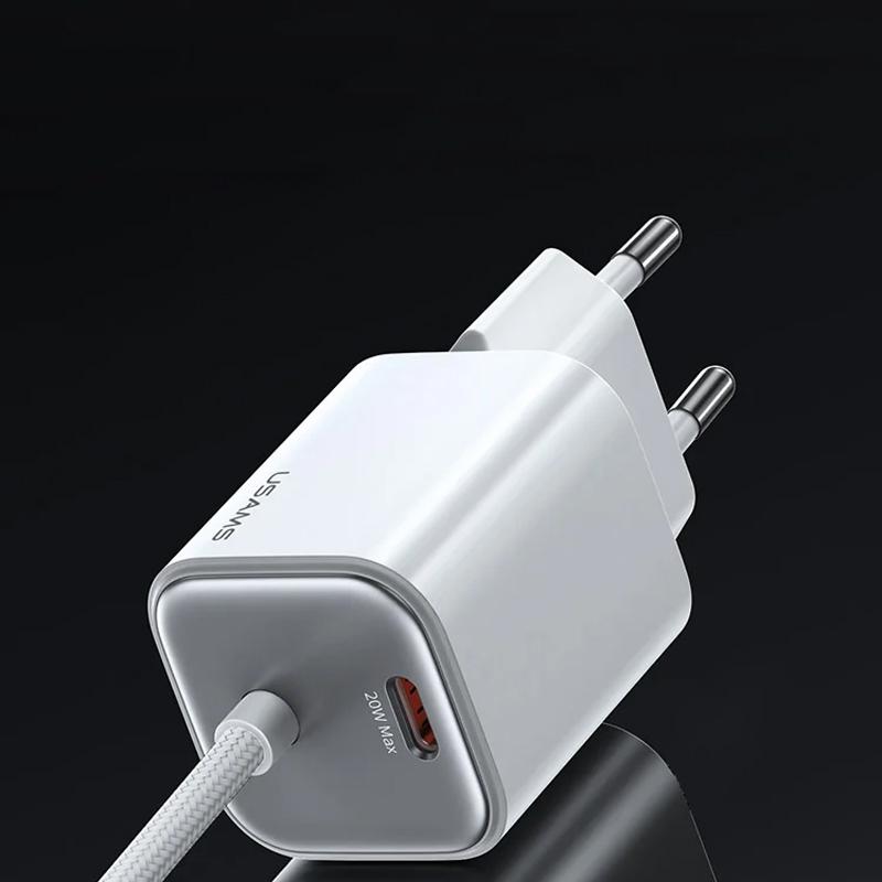 Мережевий зарядний пристрій Usams US-CC261 GaN JC Ser. 20W (2×USB-C) + кабель USB-C → USB-C White