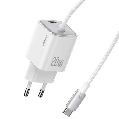 Мережевий зарядний пристрій Usams US-CC261 GaN JC Ser. 20W (2×USB-C) + кабель USB-C → USB-C White