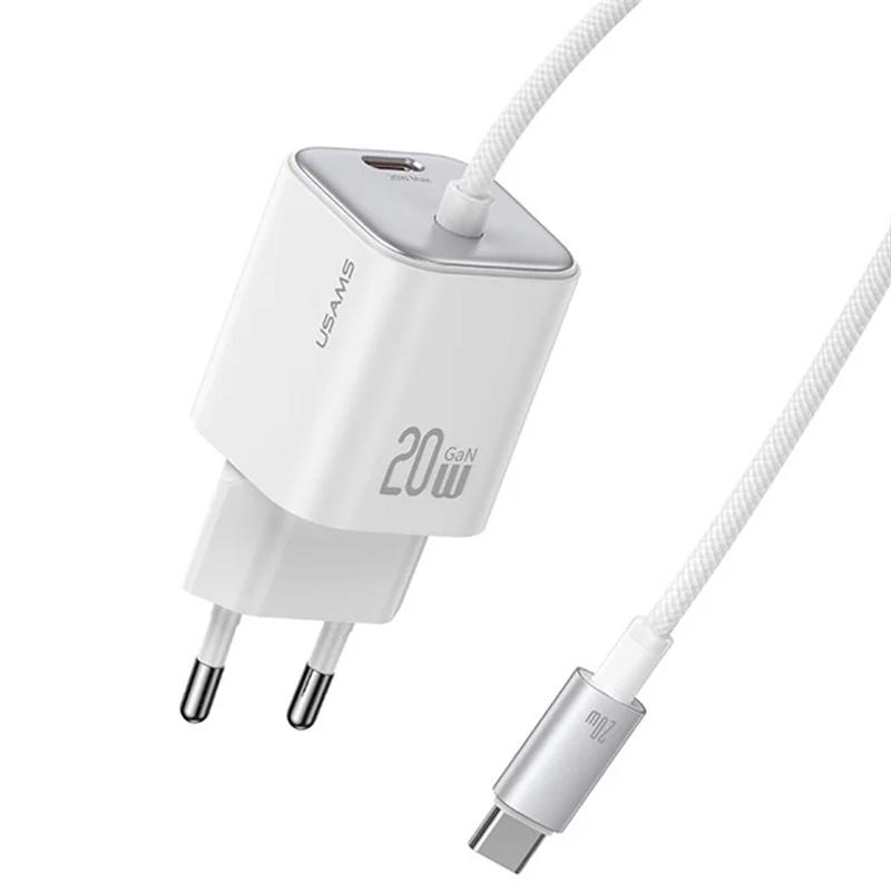 Мережевий зарядний пристрій Usams US-CC261 GaN JC Ser. 20W (2×USB-C) + кабель USB-C → USB-C White