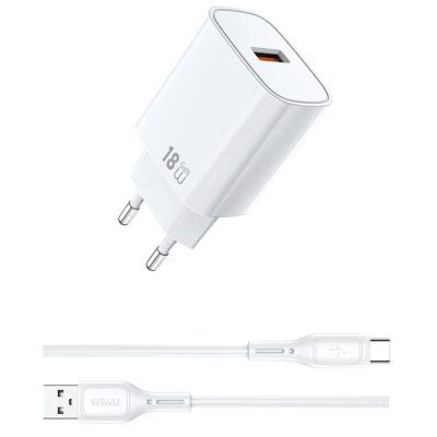 Мережевий зарядний пристрій WIWU G006 Essen QC 3.0 18W GaN (1×USB-A) + кабель USB to USB-C White