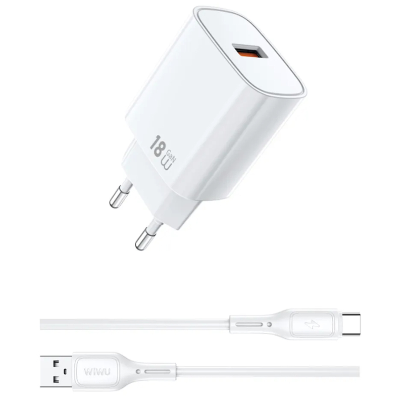 Мережевий зарядний пристрій WIWU G006 Essen QC 3.0 18W GaN (1×USB-A) + кабель USB to USB-C White