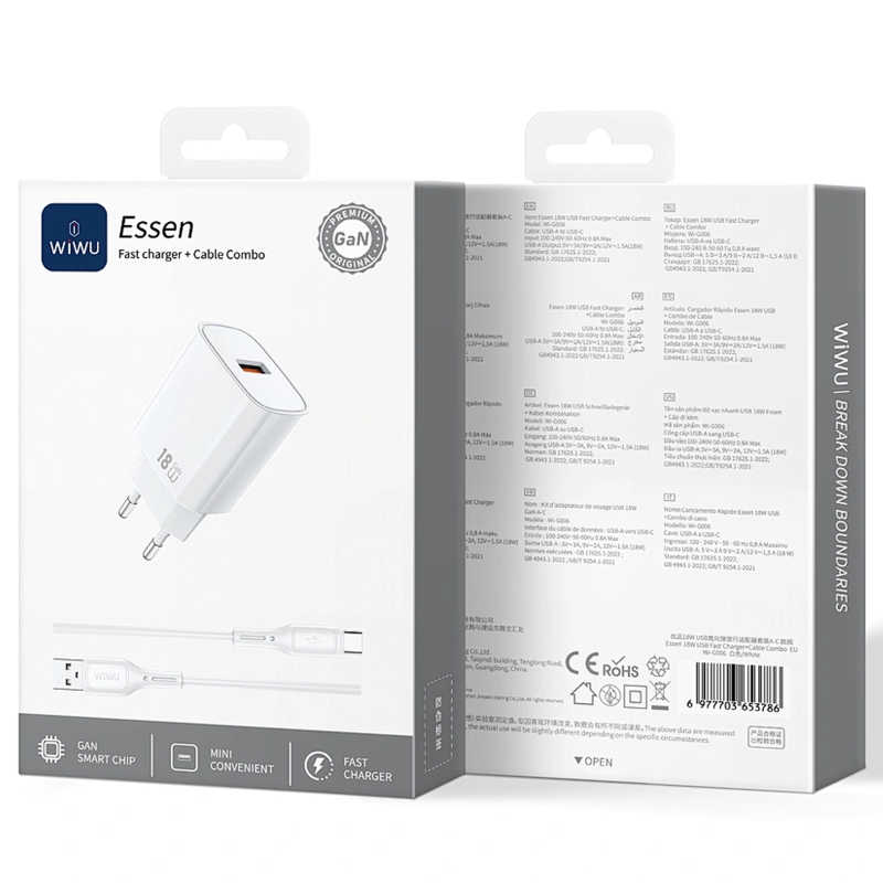 Мережевий зарядний пристрій WIWU G006 Essen QC 3.0 18W GaN (1×USB-A) + кабель USB to USB-C White
