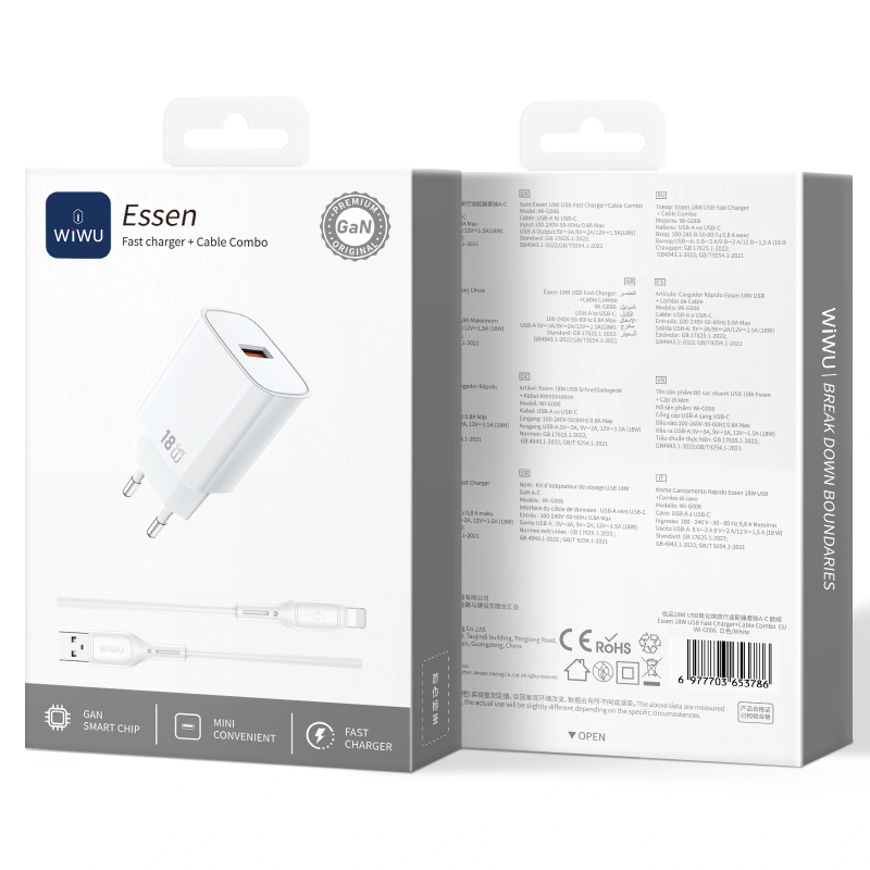 Мережевий зарядний пристрій WIWU G006 Essen QC 3.0 18W GaN (1×USB-A) + кабель USB to Lightning White