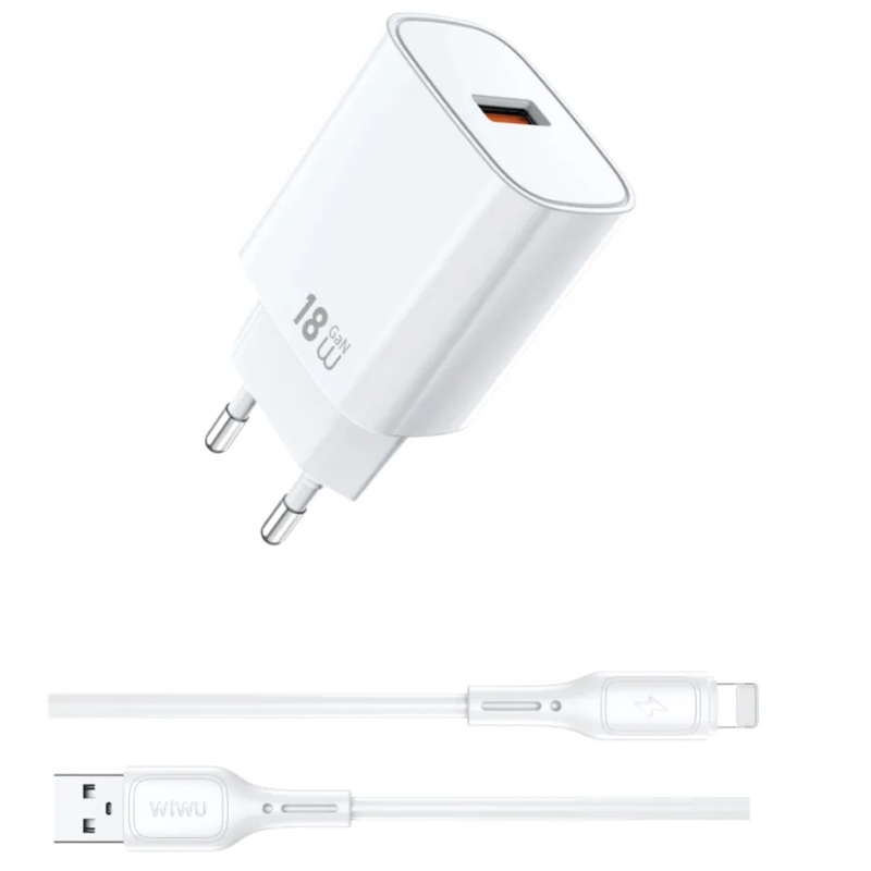 Мережевий зарядний пристрій WIWU G006 Essen QC 3.0 18W GaN (1×USB-A) + кабель USB to Lightning White