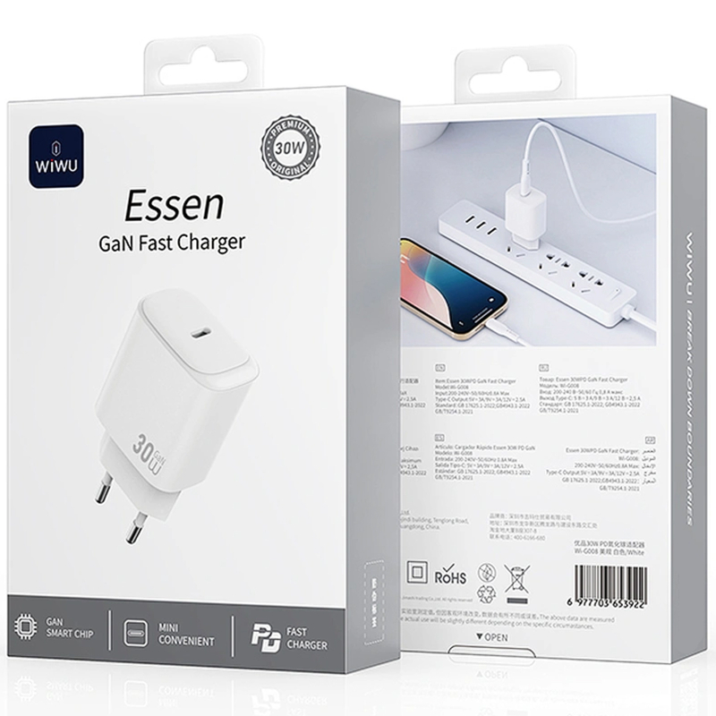 Мережевий зарядний пристрій WIWU G008 Essen PD 30W GaN (1×USB-C) White