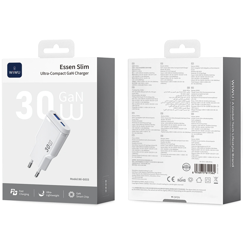 Мережевий зарядний пристрій WIWU G033 Essen PD 30W + QC 3.0 GaN (1×USB-A / 1×USB-C) White