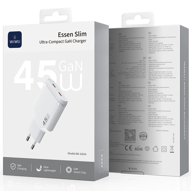 Мережевий зарядний пристрій WIWU G034 Essen PD 45W GaN (2×USB-C) White