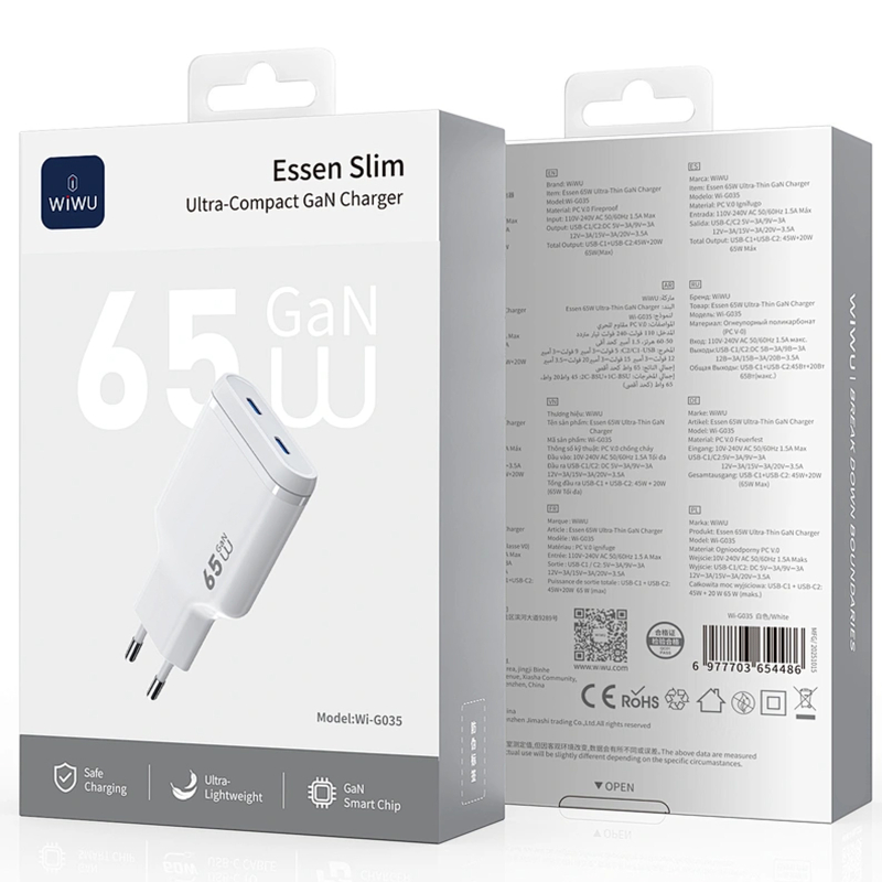 Мережевий зарядний пристрій WIWU G035 Essen PD 65W GaN (2×USB-C) White