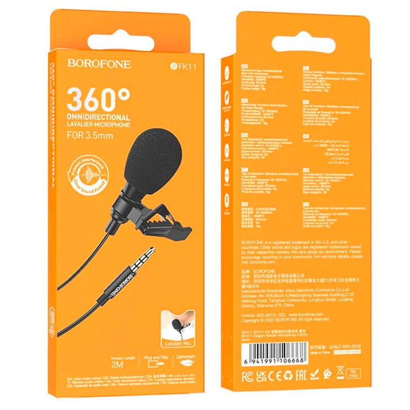 Мікрофон петличний Borofone BFK11 Elegant lavalier 3.5mm (2 м) Black