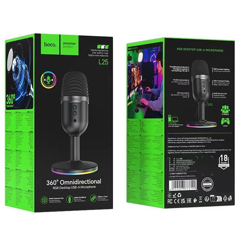 Мікрофон электретный для геймінгу Hoco L25 Bright USB (всеспрямований) Black