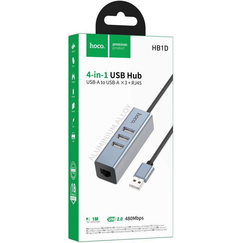 Перехідник HUB Hoco HB1D 4in1 (USB to USB2.0*3 + RJ45) Metal gray