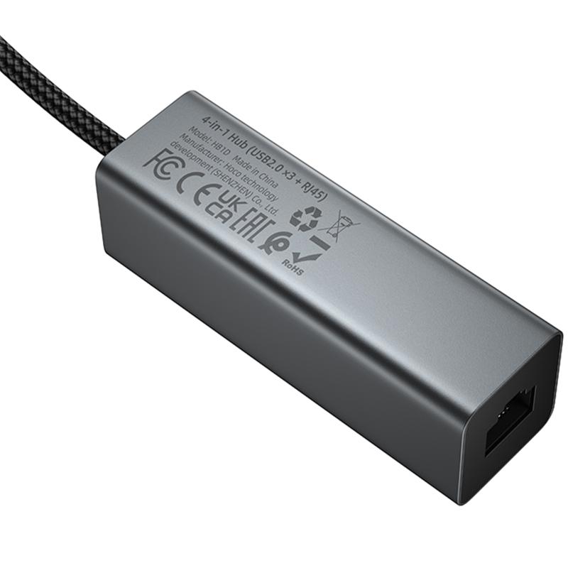 Перехідник HUB Hoco HB1D 4in1 (USB to USB2.0*3 + RJ45) Metal gray