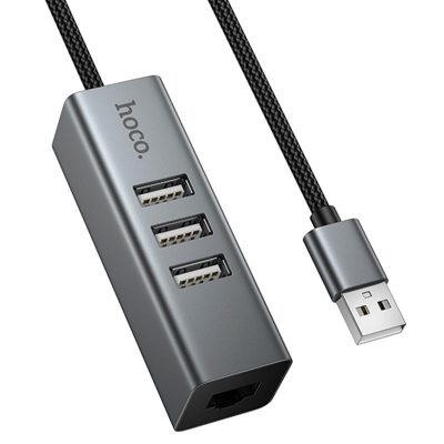 Перехідник HUB Hoco HB1D 4in1 (USB to USB2.0*3 + RJ45) Metal gray
