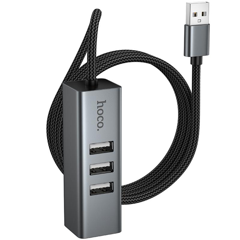 Перехідник HUB Hoco HB1D 4in1 (USB to USB2.0*3 + RJ45) Metal gray