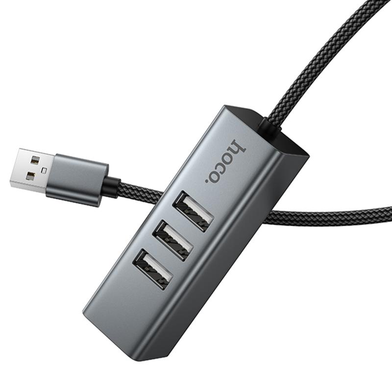 Перехідник HUB Hoco HB1D 4in1 (USB to USB2.0*3 + RJ45) Metal gray