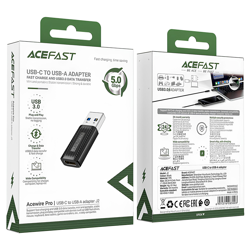 Перехідник Acefast J2 USB Male to USB-C Female USB3.0 Black