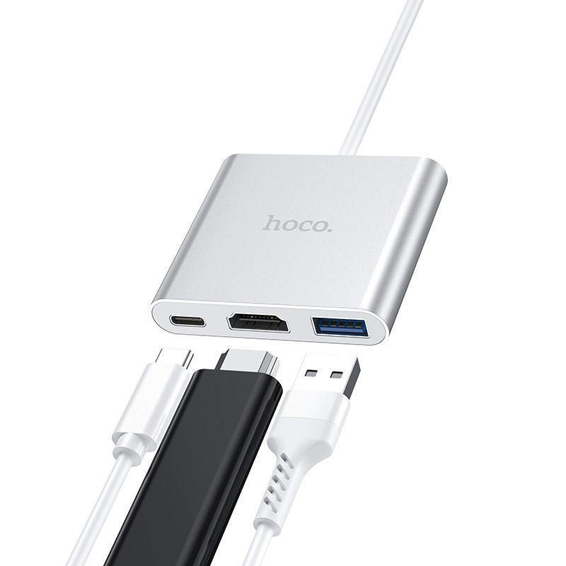 Перехідник HUB Hoco HB14 3in1 (USB-C to USB3.0 + HDMI + PD) Сталевий