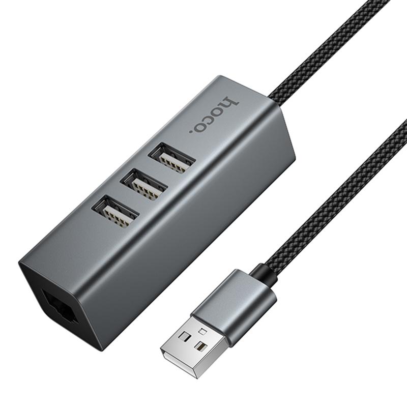 Перехідник HUB Hoco HB1D 4in1 (USB to USB2.0*3 + RJ45) Metal gray