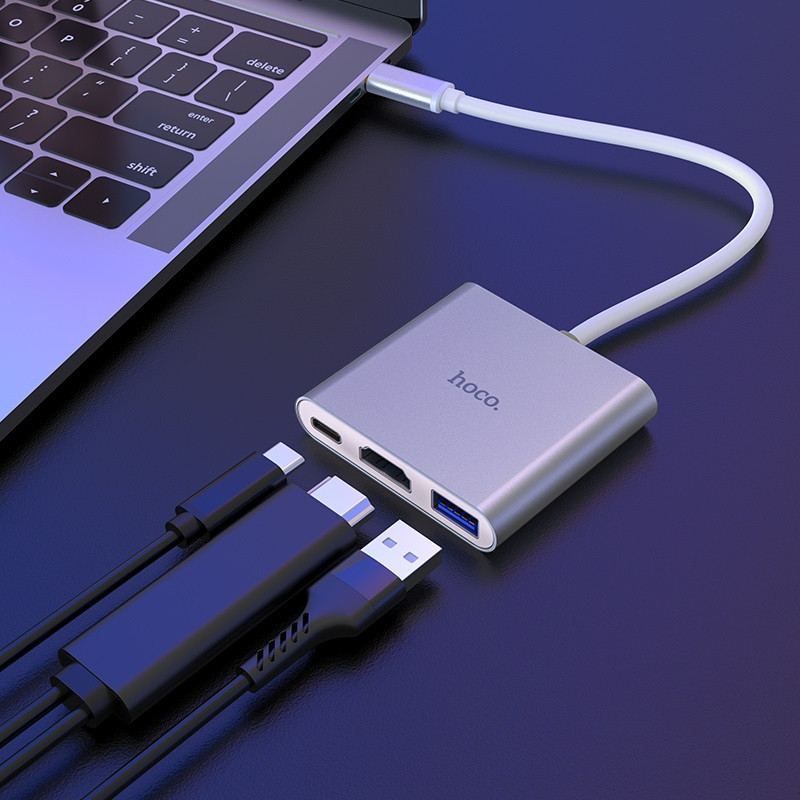 Перехідник HUB Hoco HB14 3in1 (USB-C to USB3.0 + HDMI + PD) Сталевий