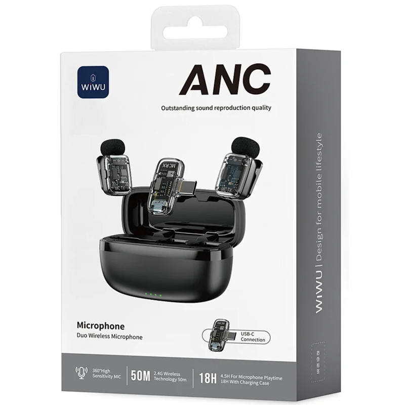 Петличний бездротовий мікрофон WIWU WM008 Dual-mic ANC USB-C Black