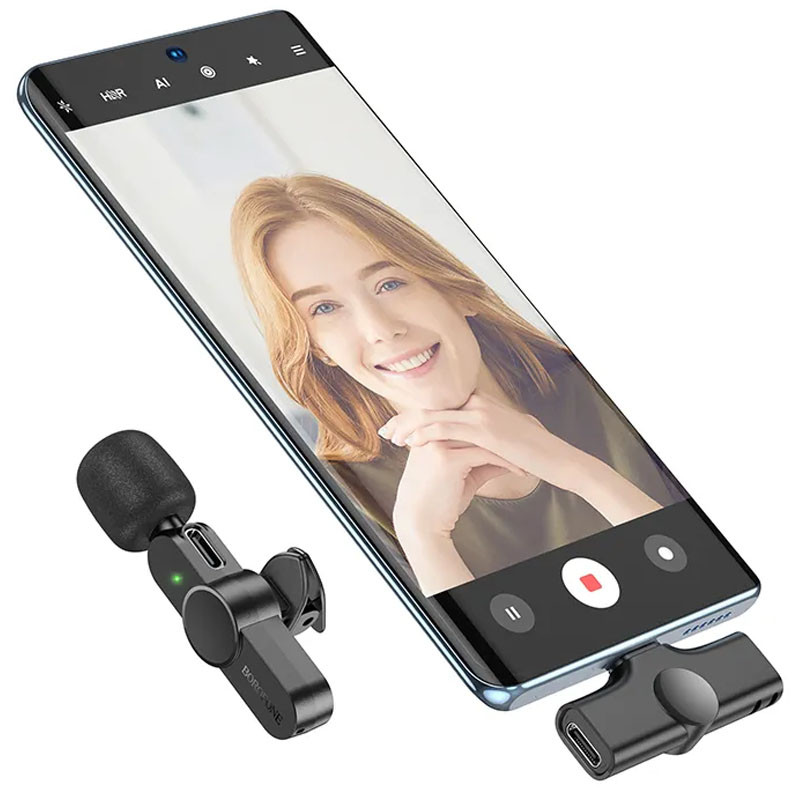 Петличний бездротовий мікрофон Borofone BFK12 Trophy Dual-mic Lightning/USB-C Black