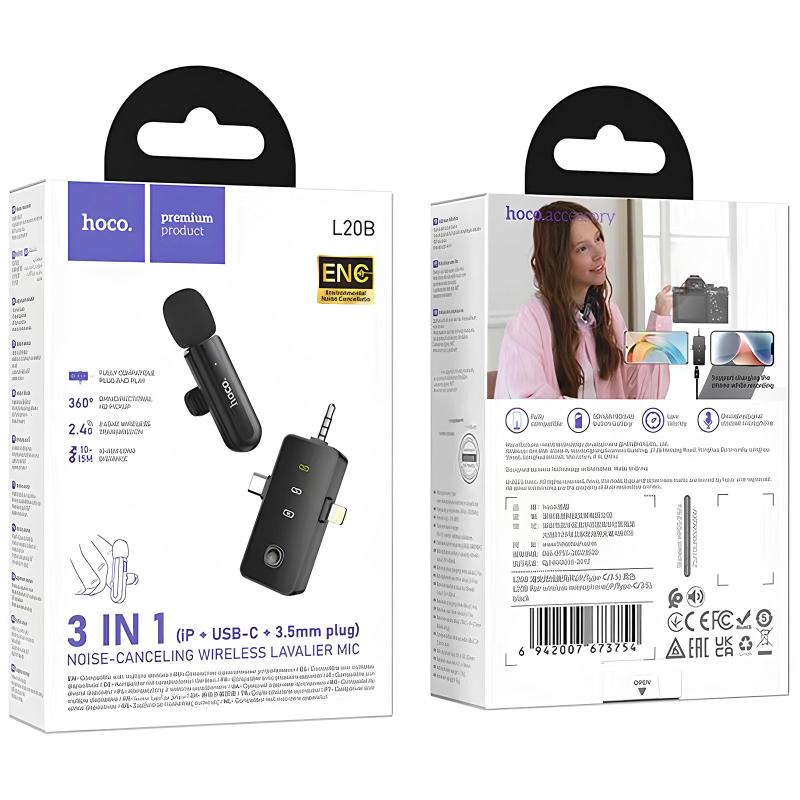 Петличний бездротовий мікрофон Hoco L20B Fair 3in1 (Lightning/USB-C/3.5) Black