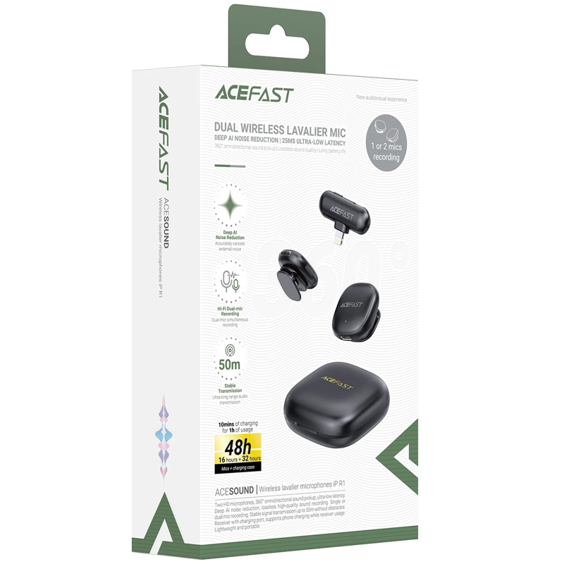 Петличний бездротовий мікрофон Acefast R1 Dual-mic Lightning Black