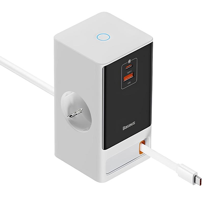 Подовжувач Baseus OS PowerCombo PD 65W + QC 3.0 (1×USB-A / 2×USB-C/2Socket) (1.5 м) (PSLR000) Glacier White