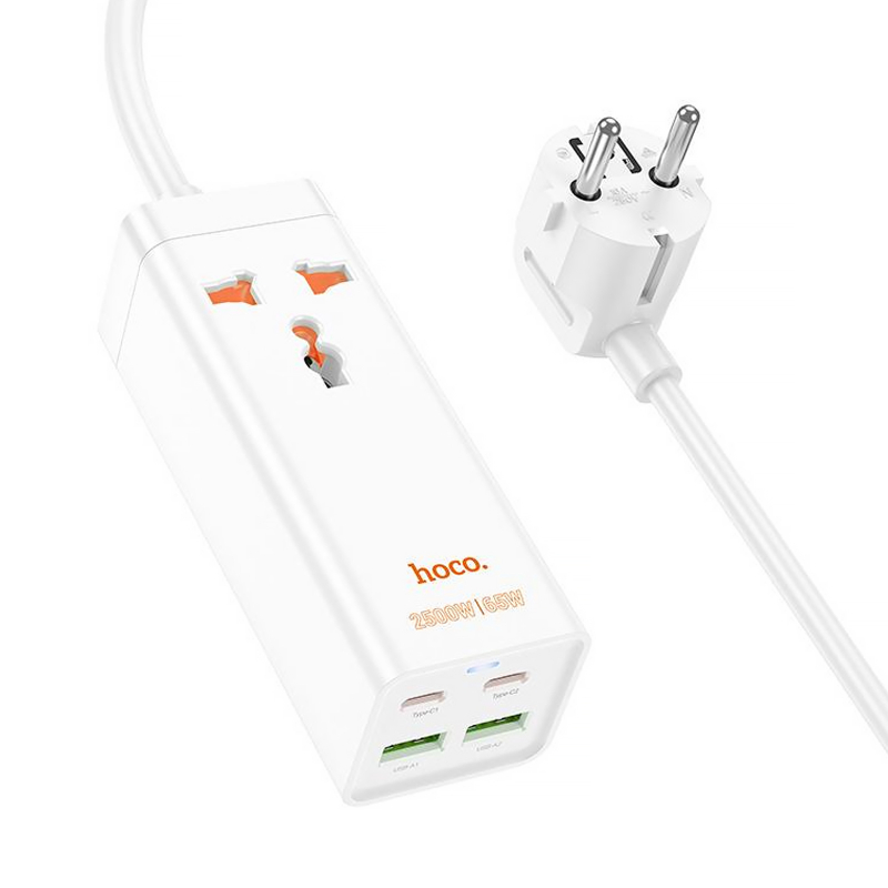 Подовжувач Hoco AC10A Talent PD 65W + QC 3.0 (2×USB-A / 2×USB-C/1xSocket) (1.5 м) White