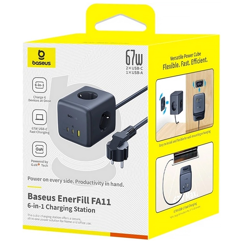 Подовжувач Baseus EnerFill FA11 PD 67W + QC 3.0 (1×USB-A / 2×USB-C/2Socket) (1.5 м) (EFMF67) Cosmic Black