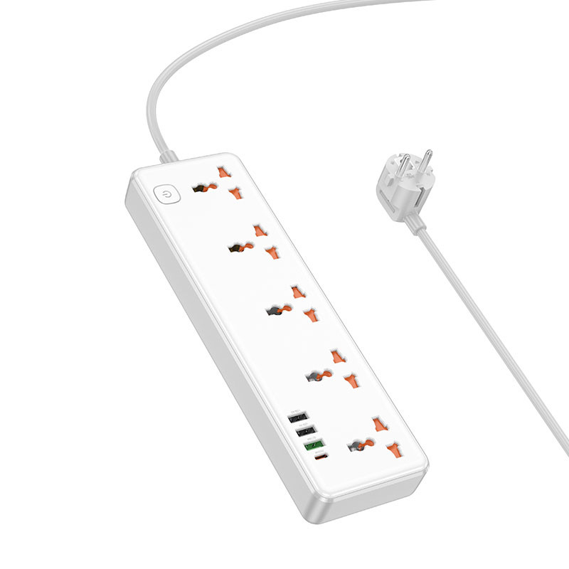 Подовжувач Hoco AC14A Rico PD 30W (3×USB-A / 1×USB-C/5xSocket) (1.5 м) White